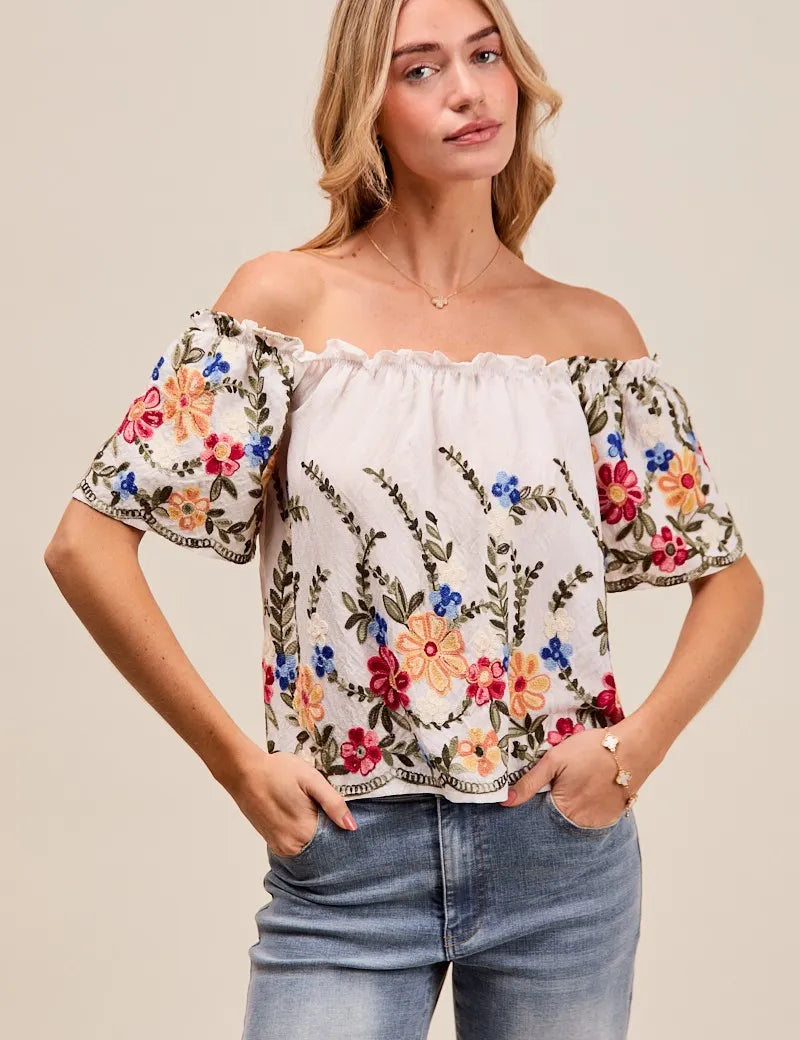 OFF WHITE SO ME Floral Embroidered Two Way Off The Shoulder Blouse | Blouses Daverri Fashions