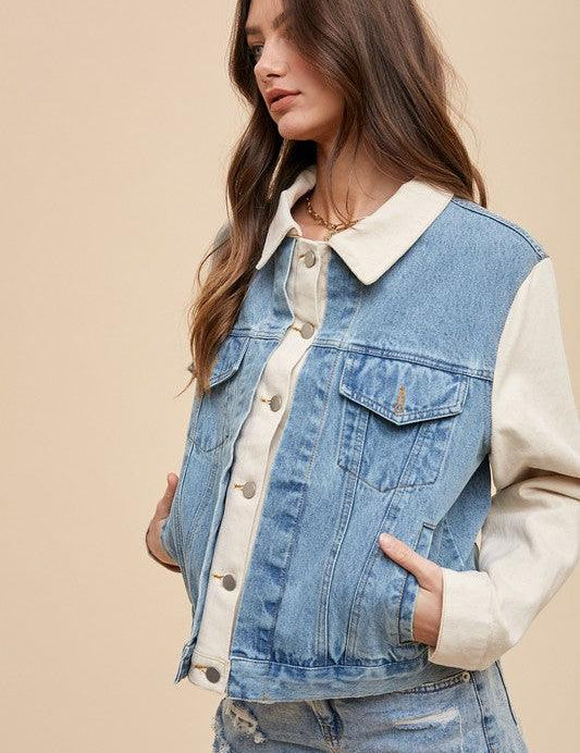 Annie Wear Collared Neck Double Placket Denim Jacket | Daverri Fashions