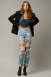 Star Print Ripped Slouchy Jeans | Jeans Daverri Fashions