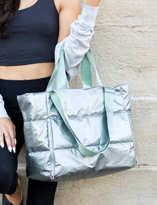 Ice Sage OneSize Metallic Puffer Tote | Handbags Daverri Fashions