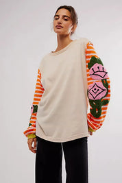 Beige Striped Round Neck Long Sleeve Sweatshirt | Sweatshirts Daverri Fashions