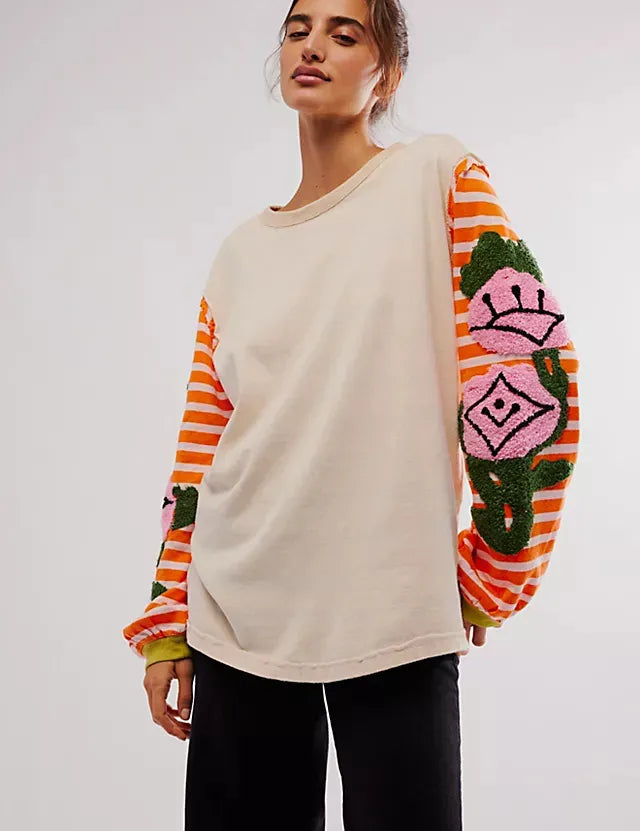 Beige Striped Round Neck Long Sleeve Sweatshirt | Sweatshirts Daverri Fashions