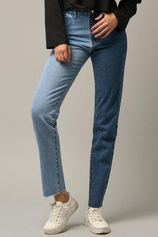 High Waist Two Tone Raw Hem Straight Jeans | Jeans Daverri Fashions