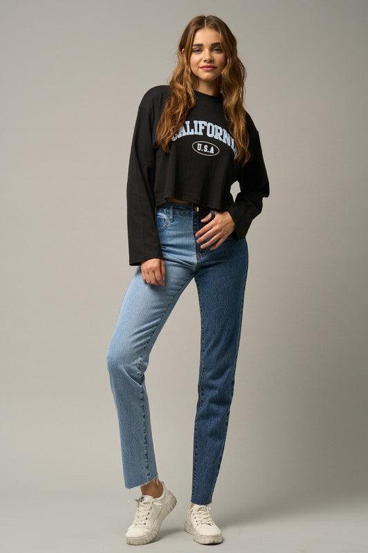 High Waist Two Tone Raw Hem Straight Jeans | Jeans Daverri Fashions
