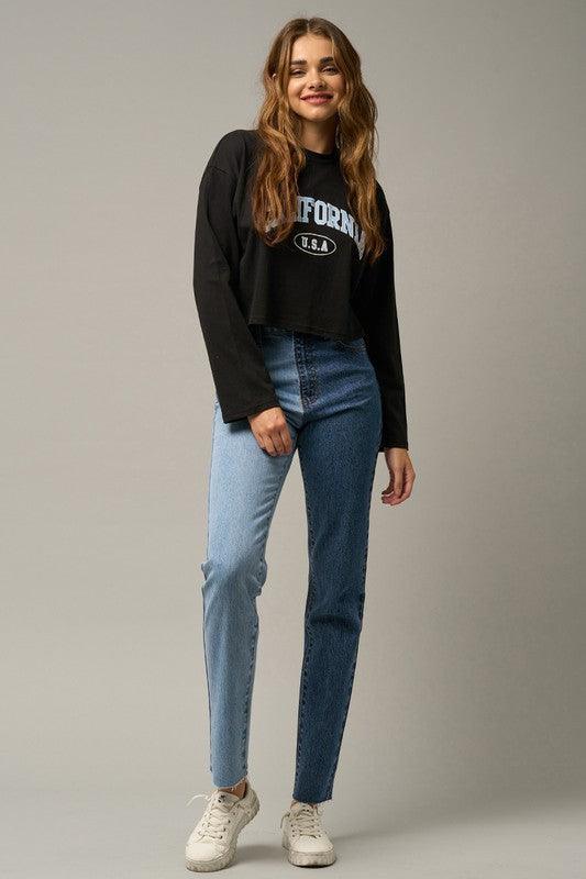 High Waist Two Tone Raw Hem Straight Jeans | Jeans Daverri Fashions