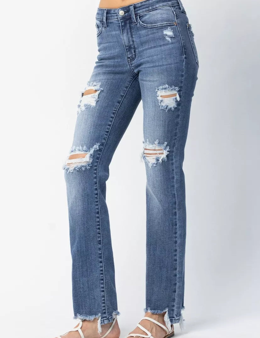 Judy Blue Full Size Mid Rise Destroy Straight Jeans Plus Size | Jeans Daverri Fashions