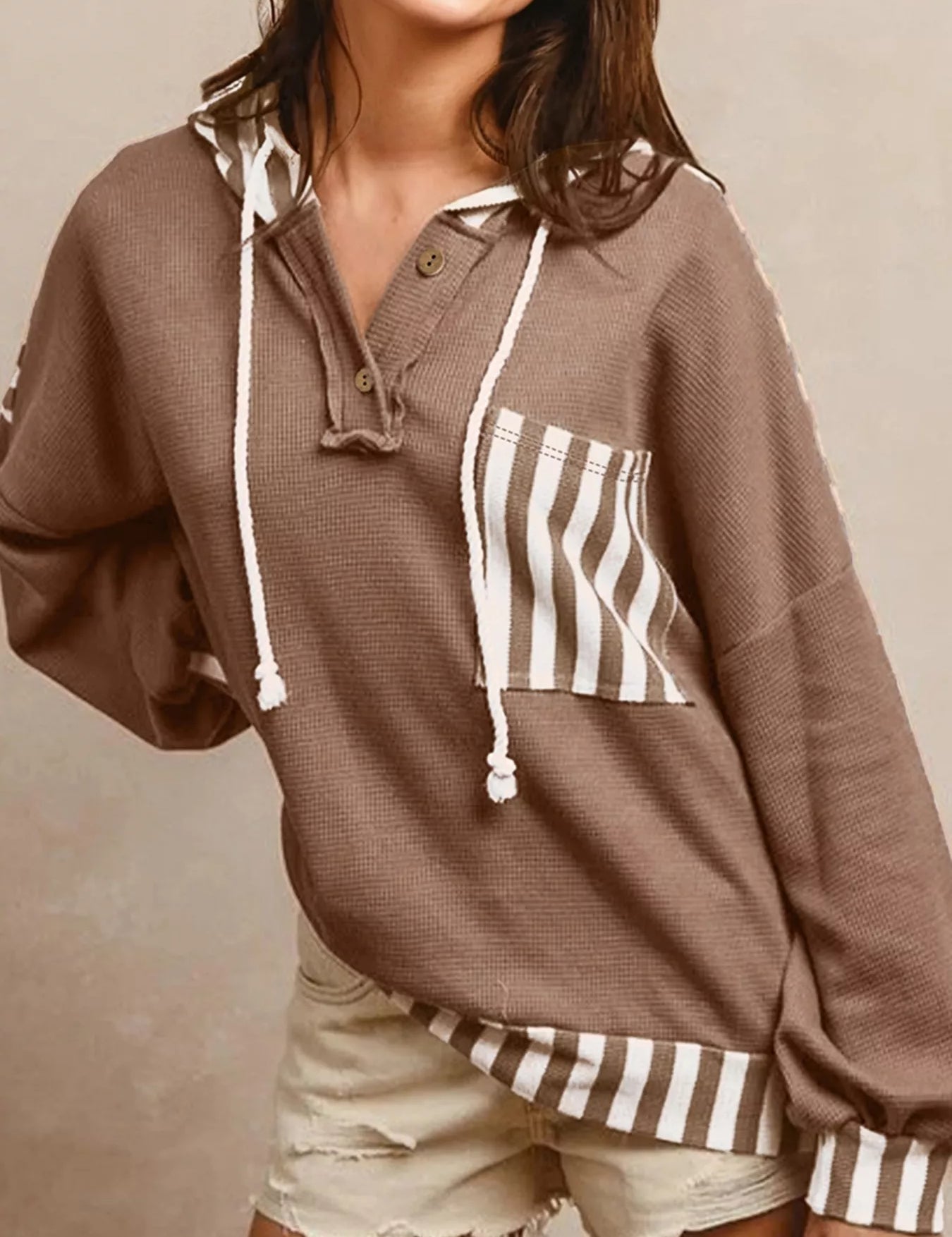 Taupe Waffle Texture Striped Patchwork Button Neck Drawstring Hoodie | Hoodies Daverri Fashions