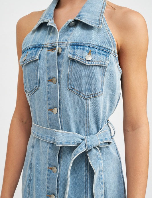 BUTTON DOWN DENIM MINI DRESS WITH BELT | Mini Dresses Daverri Fashions