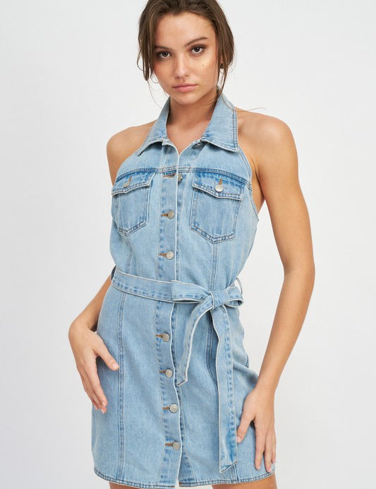 DENIM BUTTON DOWN DENIM MINI DRESS WITH BELT | Mini Dresses Daverri Fashions