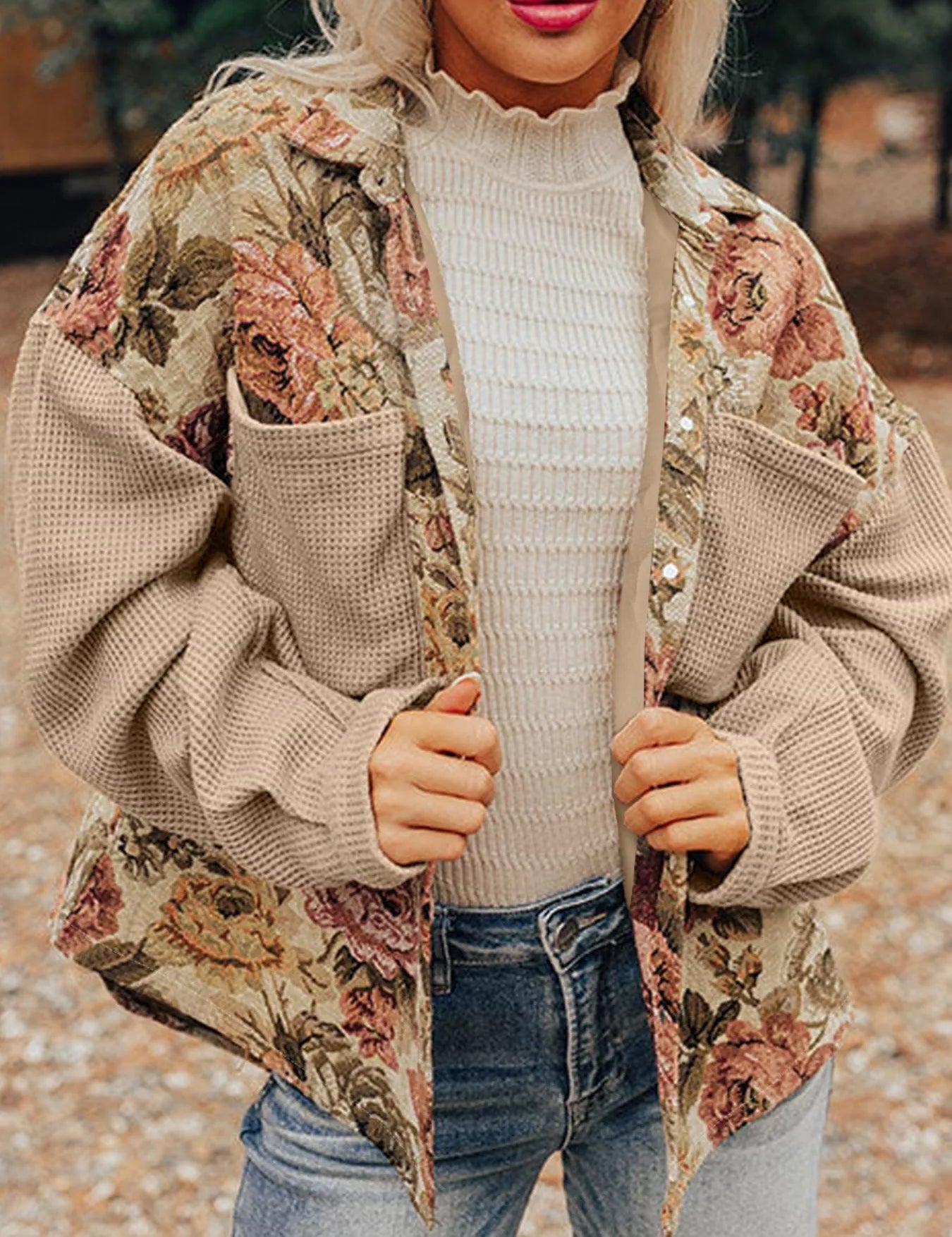 Tan Floral Waffle Knit Patchwork Chest Pockets Buttoned Jacket | Jackets Daverri Fashions