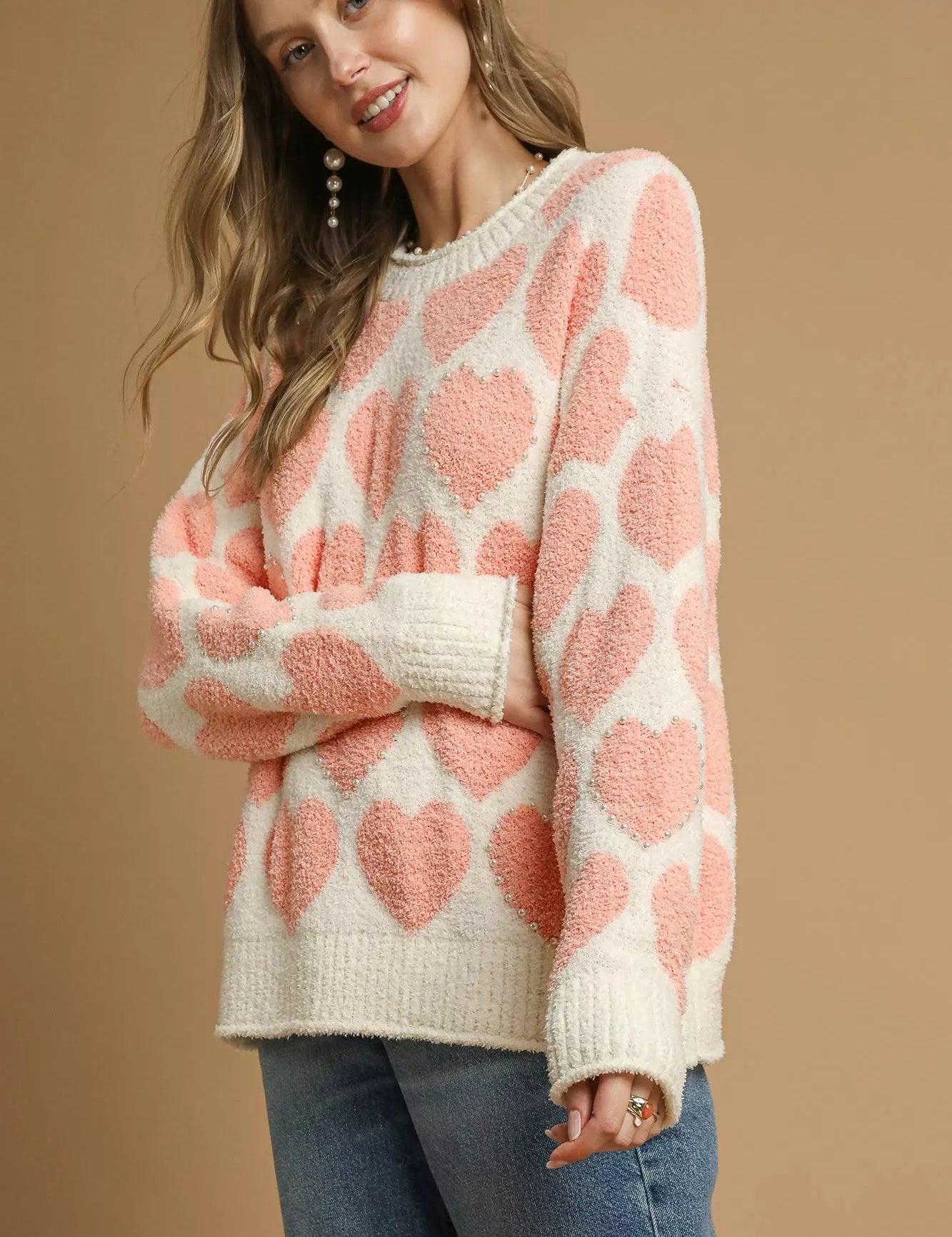 Umgee Mix Heart Pattern Pearl Accent Sweater | Sweaters Daverri Fashions