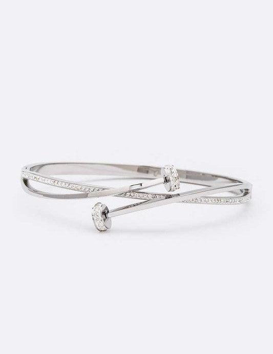 Rhodium O S Crystal Pave Nail Stainless Steel Bangle | Bracelets Daverri Fashions