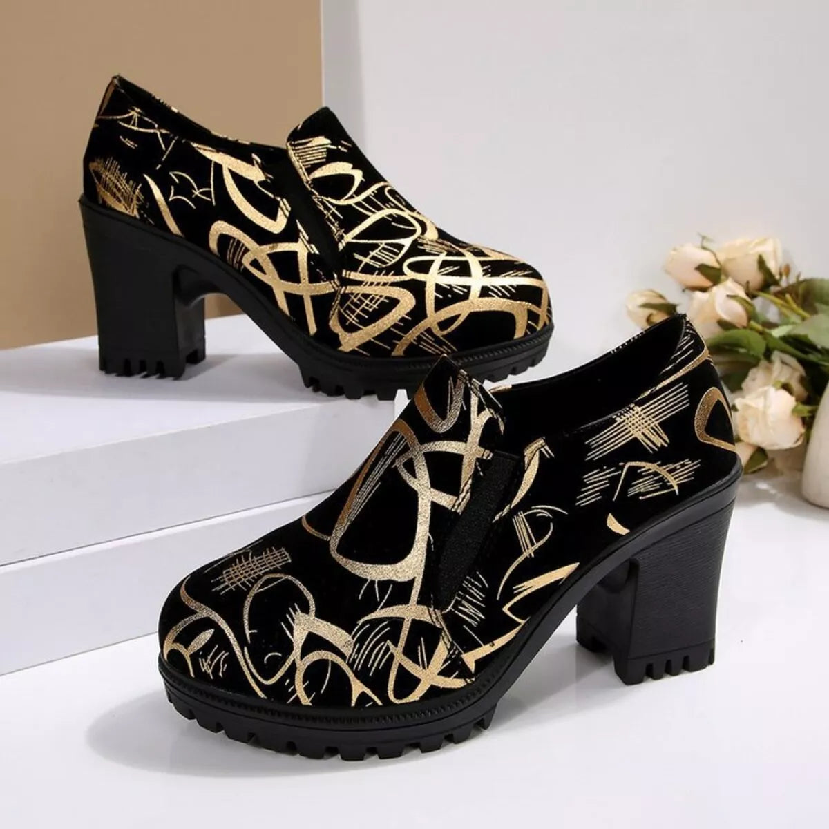 Round Toe Block Heels Pumps | Shoes Daverri Fashions