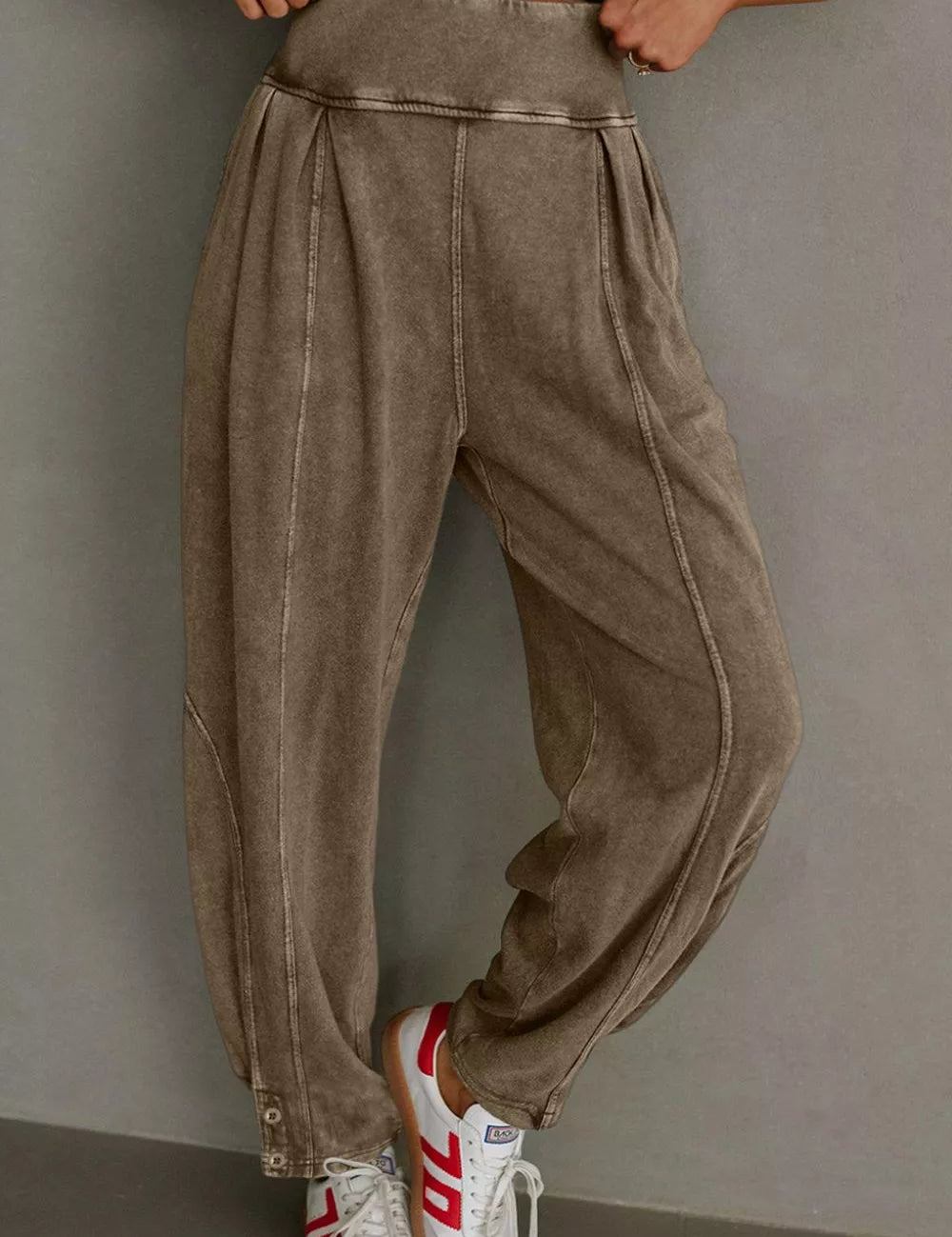 Camel Vintage Wash High-Waisted Balloon Pants | Pants Daverri Fashions