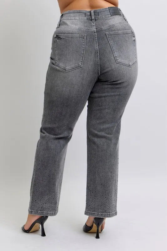 Judy Blue Full Size High Waist Rhinestone Straight Jeans Plus Size | Daverri Fashions