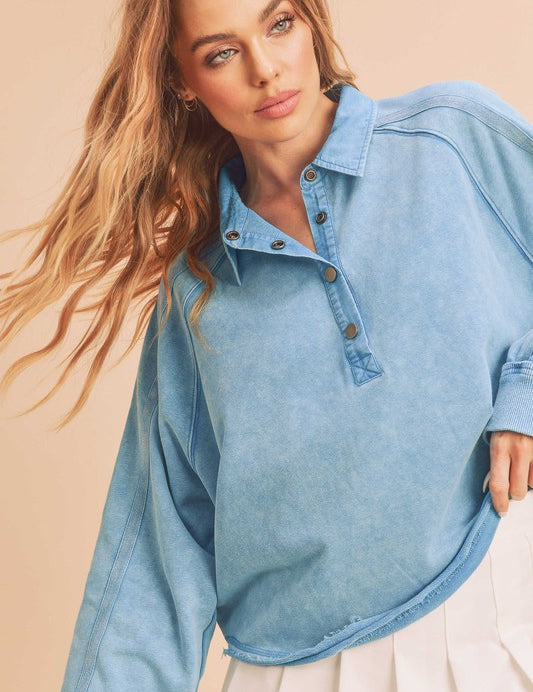 BLUE S Aemi + Co Half Snap Cropped Collared Sweatshirt | Sweatshirts Daverri Fashions