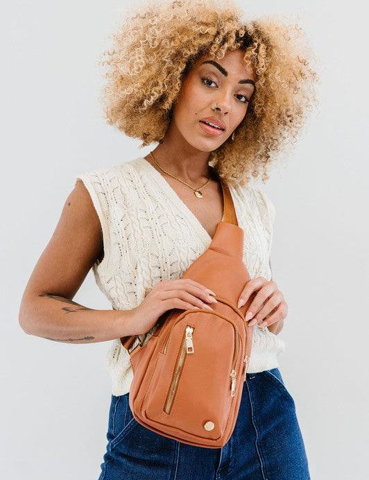 COGNAC 1 Vegan Leather Multi Pocket Crossbody | Handbags Daverri Fashions