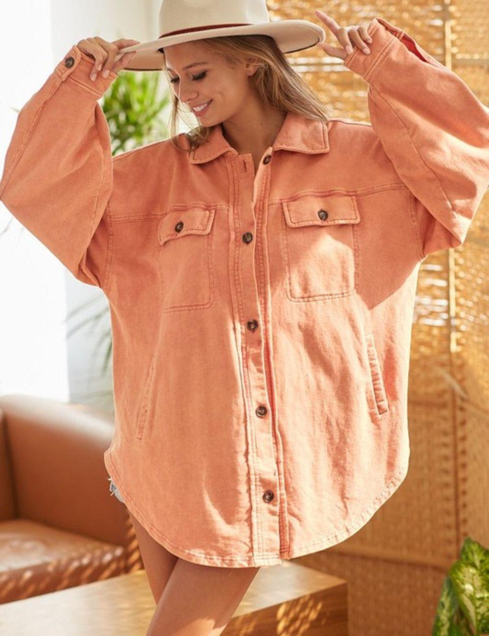 BiBi Washed Button Up Shacket with Chest Pockets | Daverri Fashions