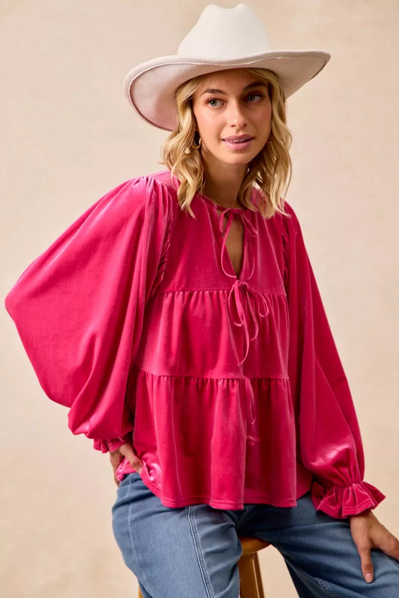 BiBi Christmas Theme Velvet Bow Tied Blouse | Blouses Daverri Fashions