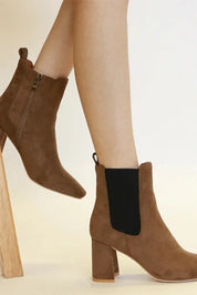 Coffee Brown Beast Fashion Faux Suede Block Heel Chelsea Boots with Elastic Side Panel | Boots Daverri Fashions