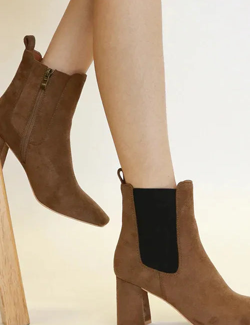 Coffee Brown Beast Fashion Faux Suede Block Heel Chelsea Boots with Elastic Side Panel | Boots Daverri Fashions