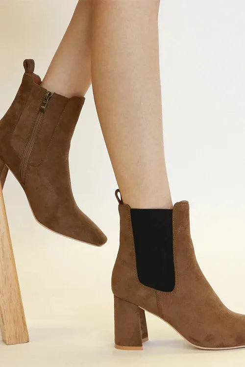 Coffee Brown Beast Fashion Faux Suede Block Heel Chelsea Boots with Elastic Side Panel | Boots Daverri Fashions