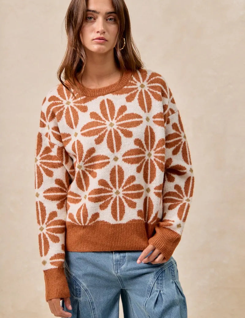 BiBi Flower Pattern Long Sleeve Sweater | Sweaters Daverri Fashions