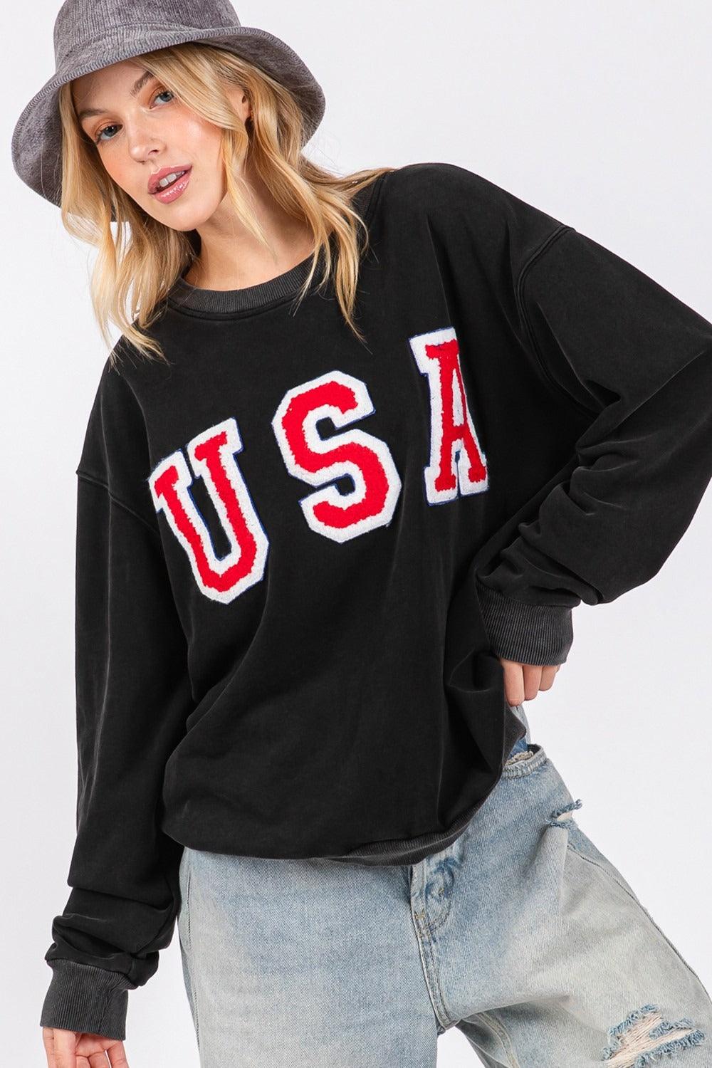 SAGE + FIG USA Letter Patch Round Neck Sweatshirt | Sweatshirts Daverri Fashions