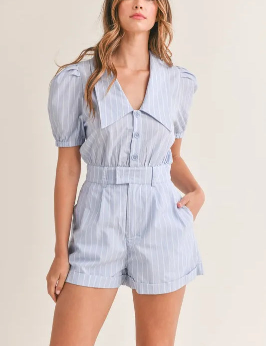 Lt Blue S MABLE Striped Puff Sleeve Collared Neck Romper | Rompers Daverri Fashions