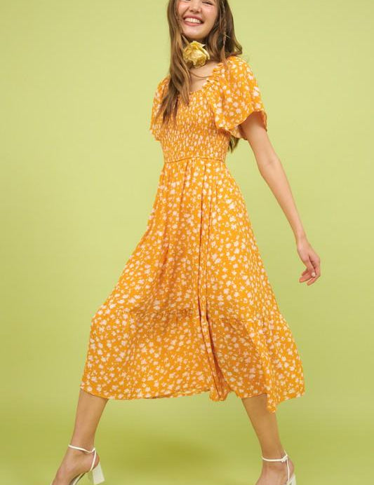 Mittoshop Flower Print Flutter Sleeve Smocked Midi Dress | Mid Dresses Daverri Fashions