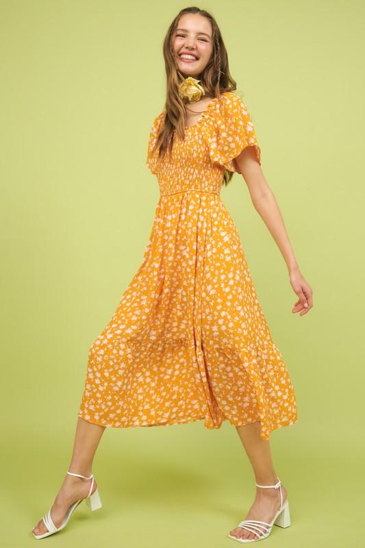 Mittoshop Flower Print Flutter Sleeve Smocked Midi Dress | Mid Dresses Daverri Fashions