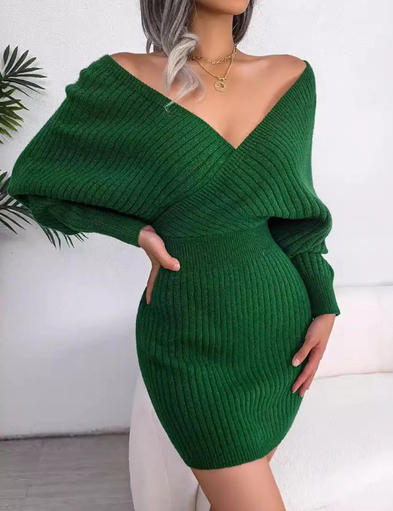 Green Surplice Long Sleeve Sweater Dress | Mini Dresses Daverri Fashions
