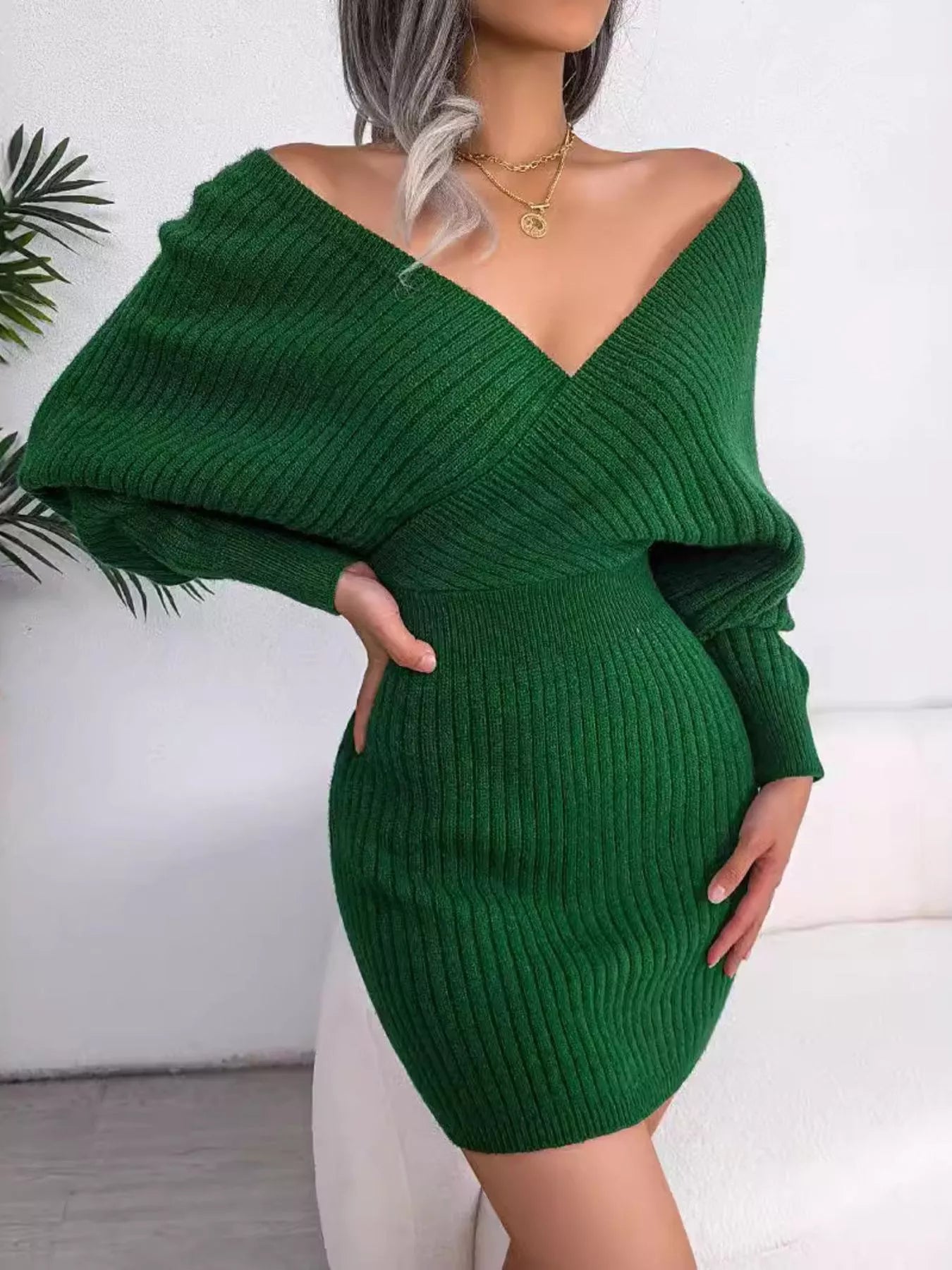 Green Surplice Long Sleeve Sweater Dress | Mini Dresses Daverri Fashions