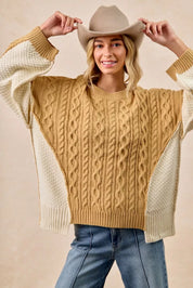 BiBi Cable Knit With Hacci Combo Sweater With Uneven Hem Detail | Sweaters Daverri Fashions