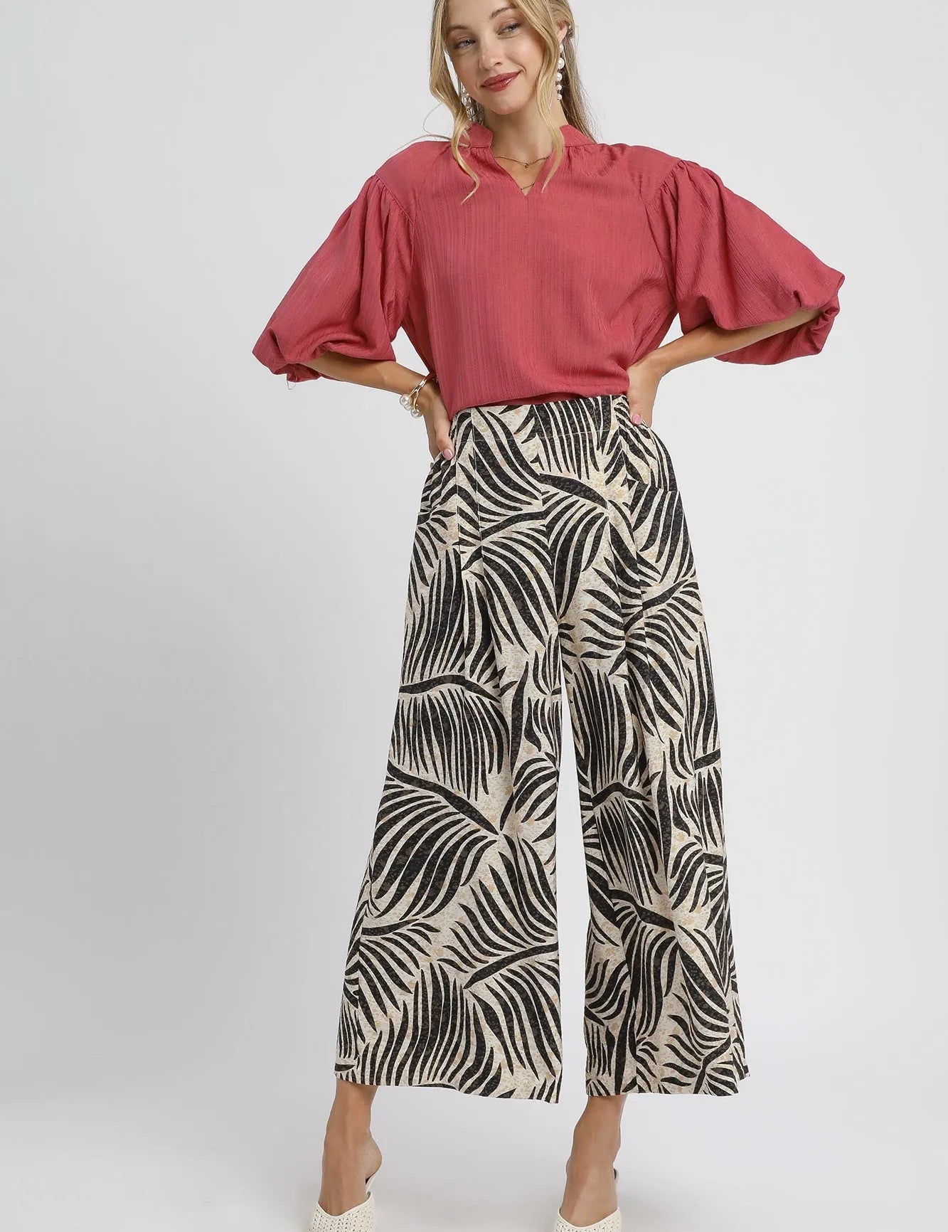 Umgee Palm Leaf Print Wide Leg Culotte Pants | Pants Daverri Fashions
