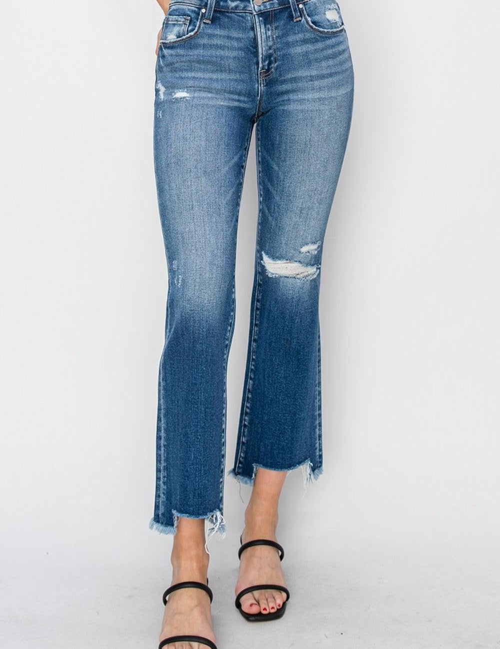 Dark 2XL RISEN Full Size Frayed Step Hem Ankle Straight Jeans | Daverri Fashions