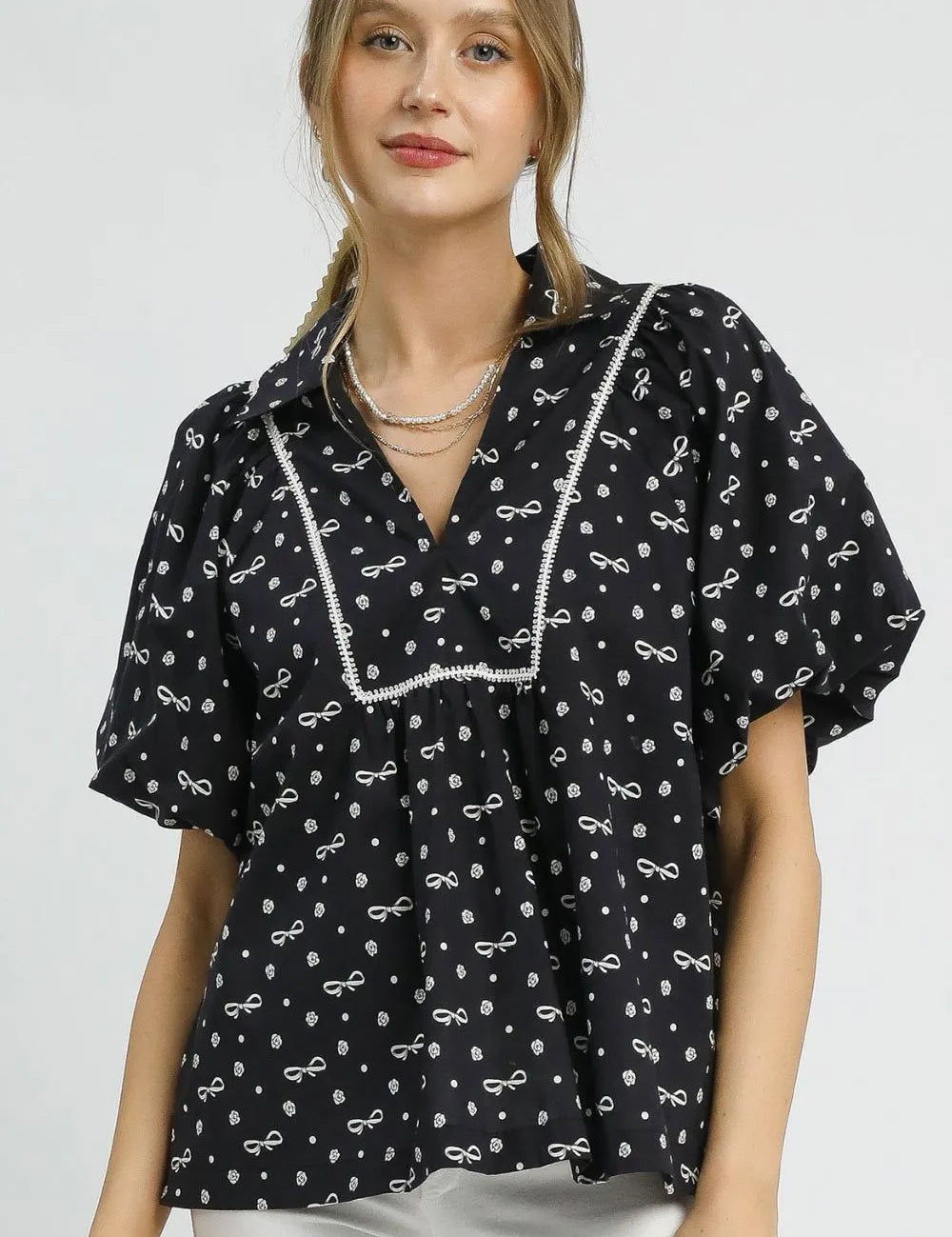 Black Umgee Bow Print Puff Sleeve Blouse | Daverri Fashions