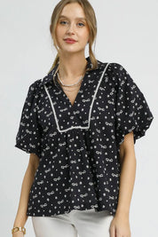 Black Umgee Bow Print Puff Sleeve Blouse | Daverri Fashions