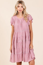 Dusty Pink Mittoshop Lace Detail Ruffled Button Down Tiered Dress | Daverri Fashions