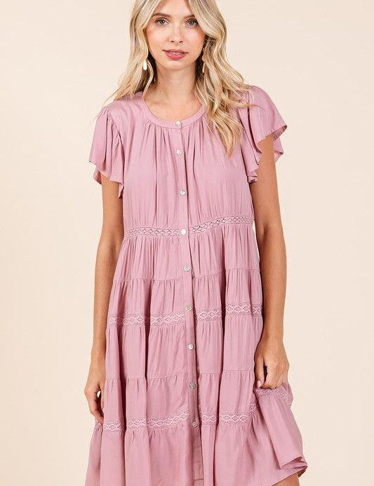 Dusty Pink Mittoshop Lace Detail Ruffled Button Down Tiered Dress | Daverri Fashions