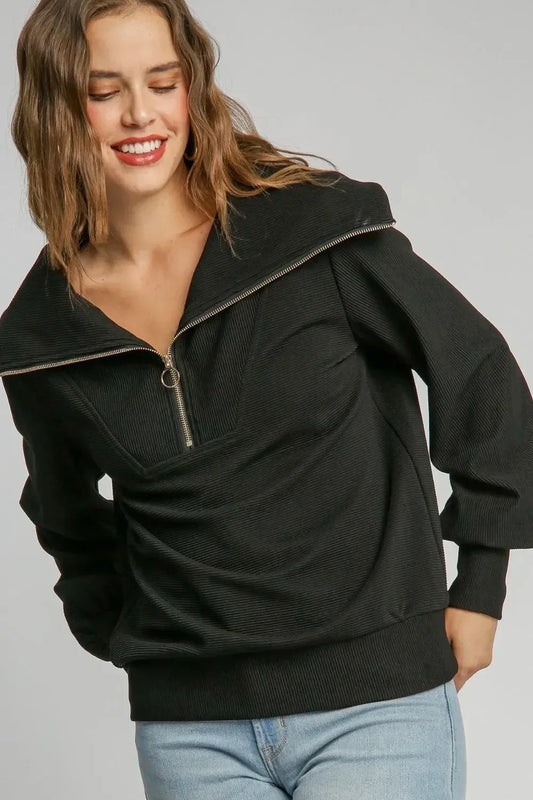 Umgee Full Size Ribbed Knit Half Zipper Sweatshirt Plus Size - DAVERRI FASHIONS