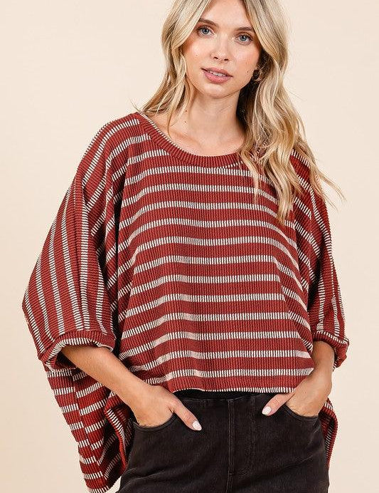 Rust M L Mittoshop Texture Striped Print Round Neck Dolman Sleeve Top | Tops Daverri Fashions