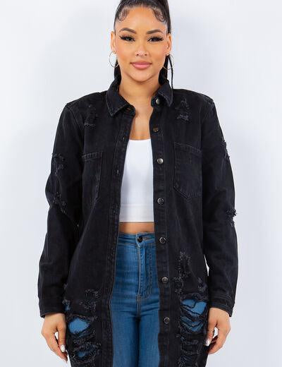 Black S American Bazi Distressed Button Up Long Sleeve Denim Jacket | Daverri Fashions