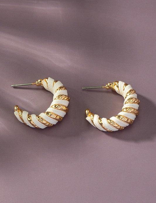 White one size Leather cord wrapped texture hoop earrings | Earrings Daverri Fashions