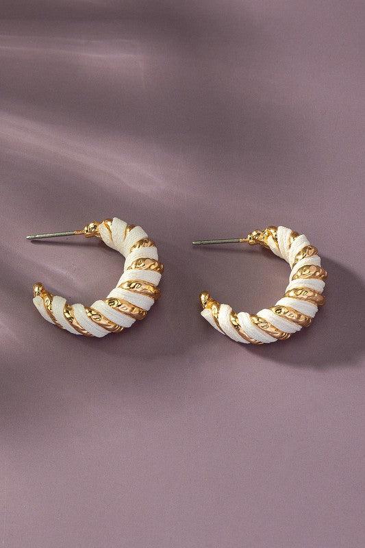 White one size Leather cord wrapped texture hoop earrings | Earrings Daverri Fashions