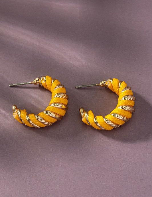 Mustard one size Leather cord wrapped texture hoop earrings | Earrings Daverri Fashions