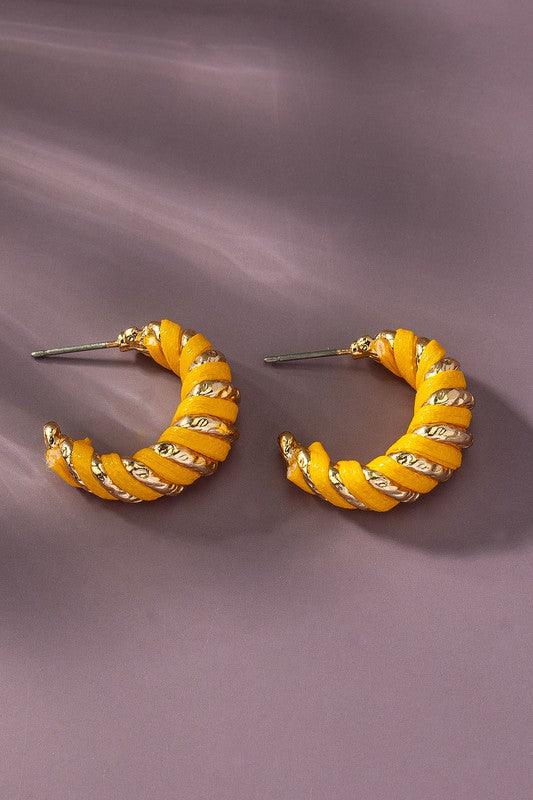 Mustard one size Leather cord wrapped texture hoop earrings | Earrings Daverri Fashions