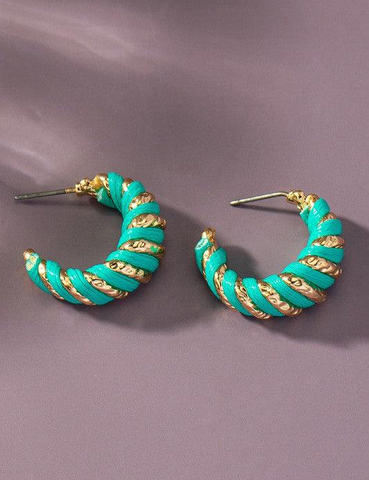 TURQUOISE one size Leather cord wrapped texture hoop earrings | Earrings Daverri Fashions