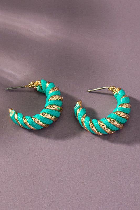 TURQUOISE one size Leather cord wrapped texture hoop earrings | Earrings Daverri Fashions