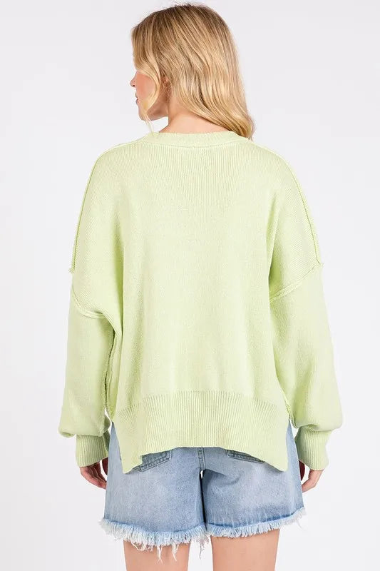 Mittoshop Side Slit Round Neck Drop Shoulder Sweater | Sweaters Daverri Fashions